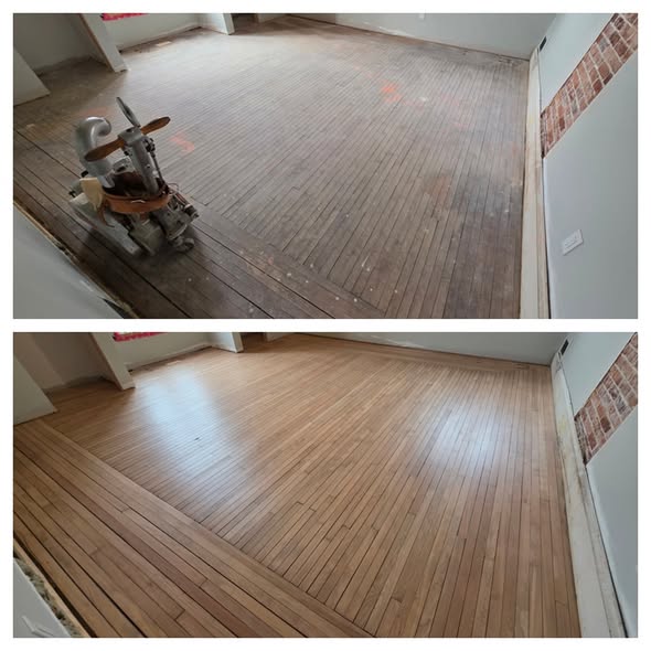 Before and after: worn hardwood floor sanded back and refinished by Room by Room