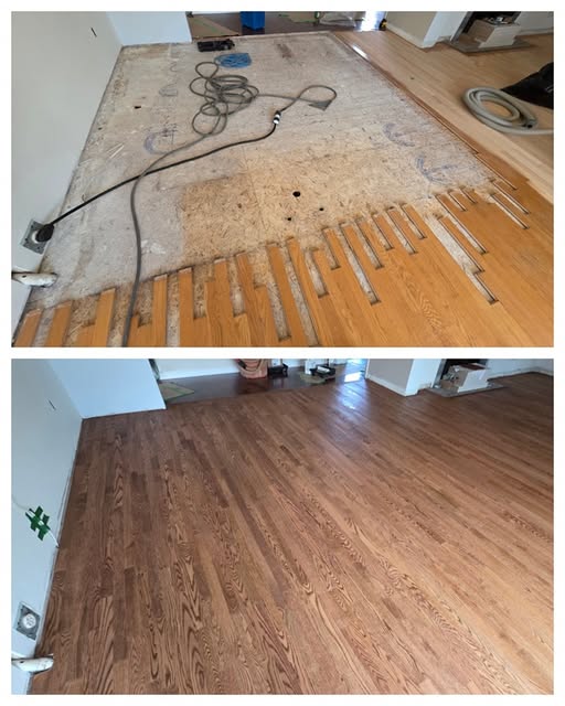 Before and after: subfloor repaired, new hardwood boards woven in and stained to match
